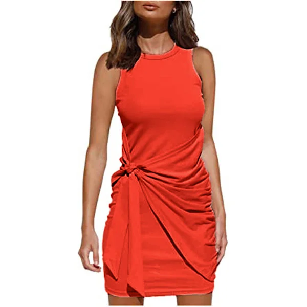 2023 Damer sommar Casual ärmlös strandtankklänning Bodycon Ruched miniklänningar Watermelon Red