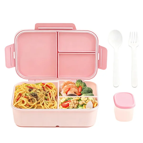 Matboks med skillevegger, 1200 ml bento-boks, matboks for voksne, med 3 skillevegger og bestikksett, lekkasjesikker matboks/snacksboks.