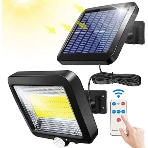 Udendørs solcellelampe, solcellelampe, med fjernbetjening, vandtæt bevægelsessensor, 100 LED kraftig udendørs solcellelampe, IPX65 vandtæt til [HK]