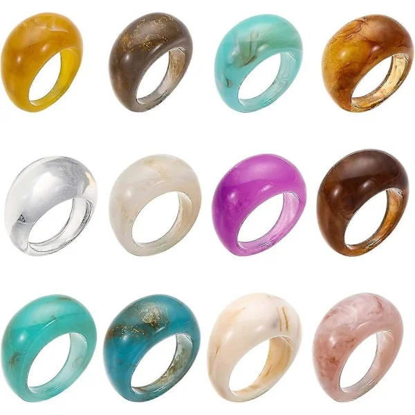 12 Stykker Vintage Resin Akryl Diamantringe Farverige Pegefingerringe Søde Klare Plastik Resin Båndringe (FMY)