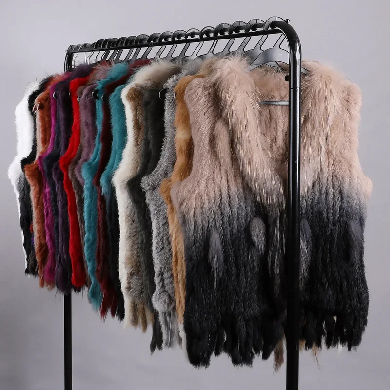 AliExpress - Luxuriöse Damen-Strickweste aus echtem Premium-Kaninchenfell mit langem Haar, Waschbärpelzbesatz, Weste für Damen, ärmellose Weste aus 