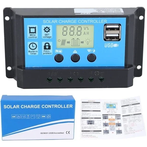 30A 12V/24V Intelligent PWM Batteri Solcellepanel Ladekontroller Regulator med 5V Dobbel USB-port og LCD-skjerm for Blybatterier