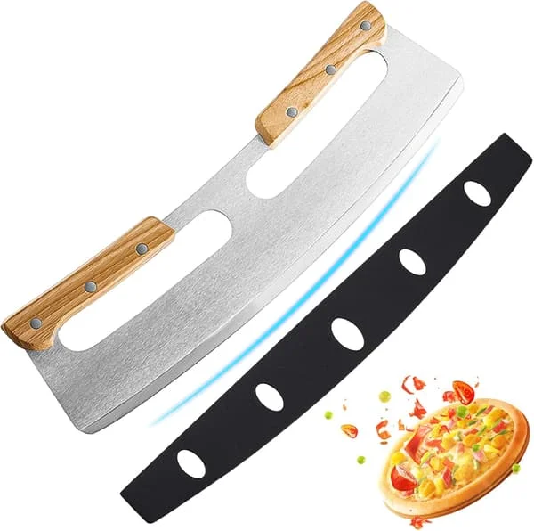 Pizzaskärare, 35 cm rostfritt stål pizzaskärare med trähandtag, professionell pizzaskärare med massivt trähandtag (2-pack)
