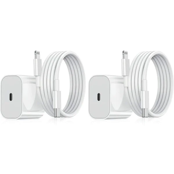 2-pak mobiloplader - Kompatibel med iPhone - Hurtigoplader - Adapter + Kabel 20W Hvid 2-pak