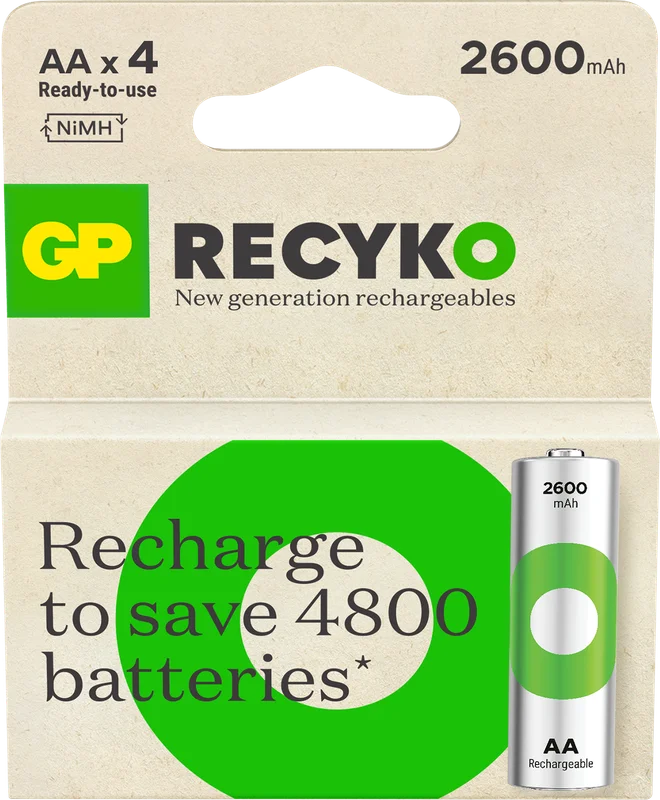 GP Batteries Recyko 201246 Batteri oppladbar, AA, 2600 mAh, 4‐pakning, Elfordeling & strømforsyning