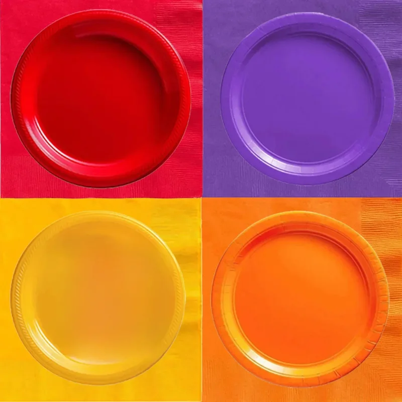 AliExpress - Fournitures de fête de couleur rouge uni, violet, Orange, jaune, nappe jetable, tasses, assiettes, serviettes pour enfants, fête 