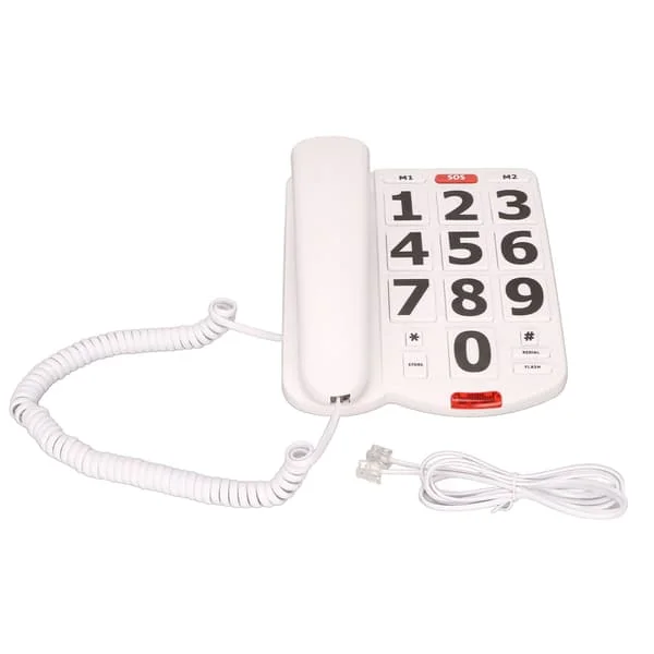 Telefon med store knapper, justerbar volum, hurtigoppringing av siste nummer, fasttelefon med ledning for eldre