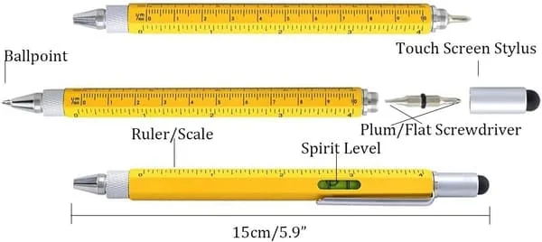 6-i-1 Tech-verktøypenn, berøringsskjerm-stylus/flat-skrutrekker og vater multifunksjonsverktøy (gul)