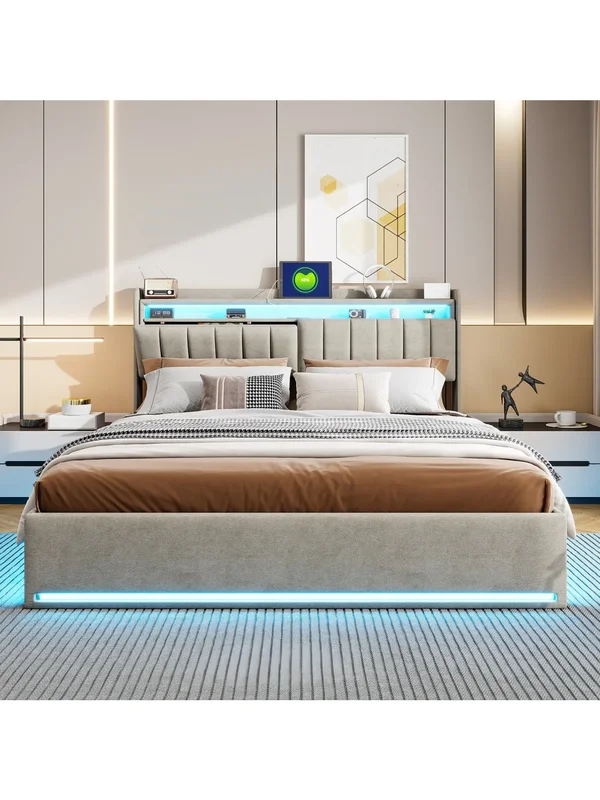 AliExpress - Modern bed 140x200cm met LED-verlichting, USB, gestoffeerd hydraulisch bed, hoofdeinde met opbergruimte, bedframe, voor slaapkamer, 