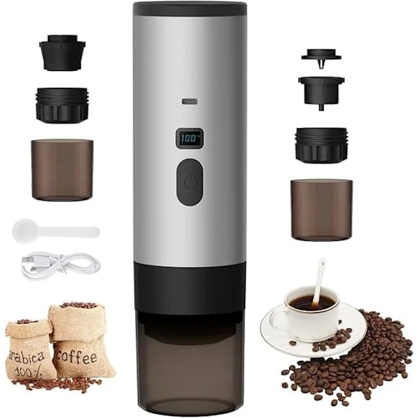 3-i-1 Bärbar Kaffemaskin med USB – Kapsel & Espresso, För Kontor, Camping, Bil & Resor Grå