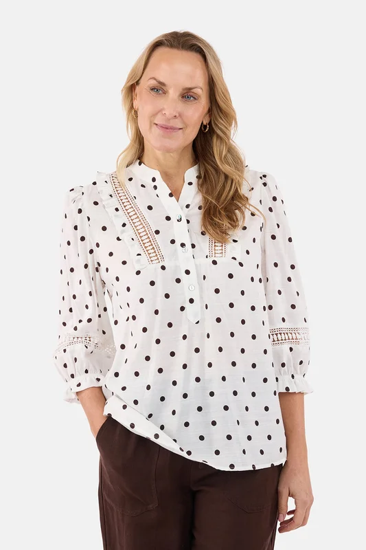 BRANDTEX - 3/4 Ærmet Bluse - Offwhite / Brun - Prikket
