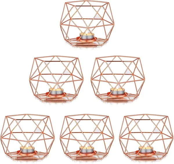 Lysestaker for telys - 6 stk telysholdere i rosegull, geometrisk lysestake