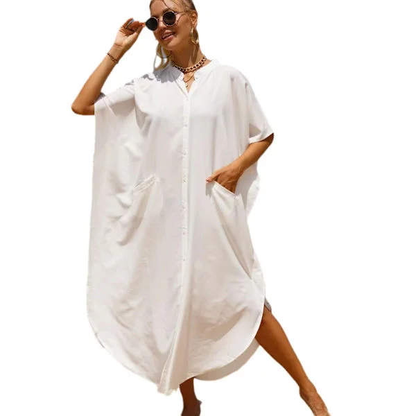 Bohemisk strandöverdrag, lång kofta med knappar, lätt baddräktsklänning för kvinnor, semesterklar tunika, plus size bikiniöverdrag för sommaren