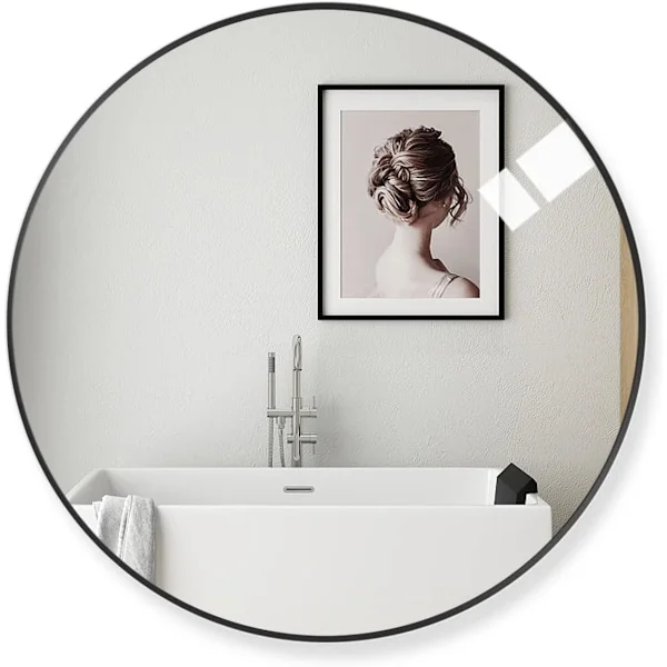 50 cm Stort Moderne Rundt Speil Svart Børstet Ramme Veggspeil Metallramme HD Glass Veggspeil for Sminke Baderom Stue