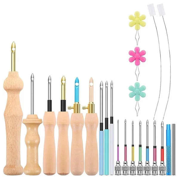 23-delars Punch Needle-set, Trä Punch Needle-set Justerbart för Vuxna Nybörjarbroderi Som Visas