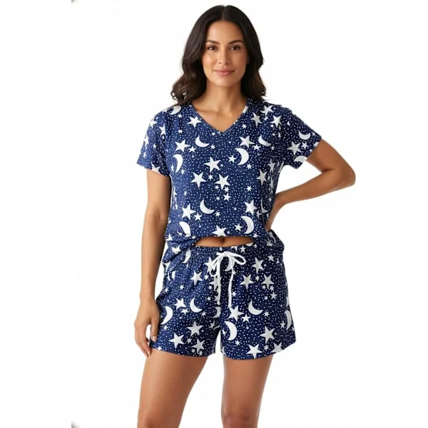 Dam kortärmad skjorta pyjamas set shorts underdel byxor bomull V-ringad söta Pjs sovkläder loungekläder plus size sommar marin stjärna XX-Large