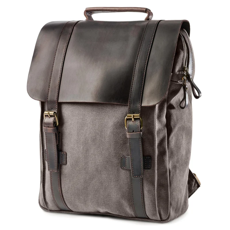 Vintage-Style Charcoal Grey Canvas & Dark Leather Backpack for Men - Backpacks