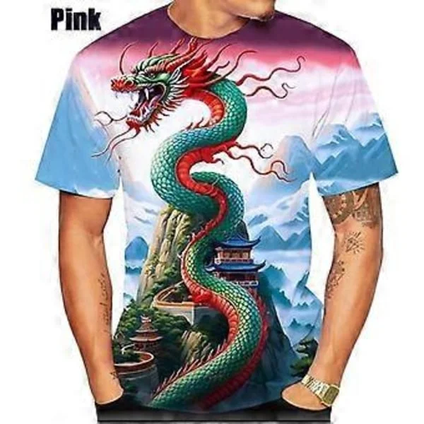 Herr Drakmönstrade T-shirts Sommar T-shirts Herr Casual 3D-tryck T-shirt Mode O-ringning Kortärmade Toppar (XXXL rosa)