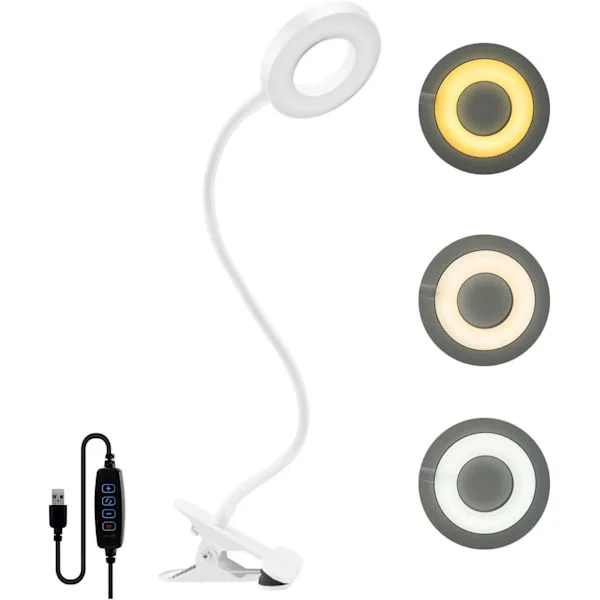 Clip-on Desk Lamp 48 LED Clamp Lamp on Reading Lamp Adjustable Brightness USB Bedside Clamp Lamp LED Desk Lamp for Study and Work, White