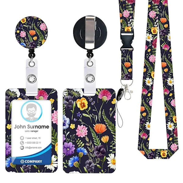 Retractable Lanyard Card Holder (Black Flower), Retractable Lanyard Badge and ID Holder for Desks, Keys, Mobile Phones, Bus Cards, etc.