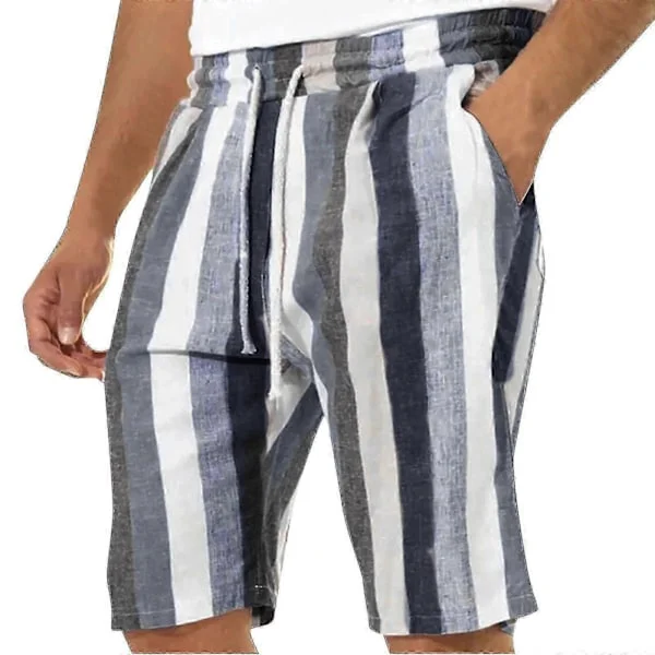 Herr Casual Bomull Linne Shorts, Sommar Färgblock Randiga Dragsko Midja Shorts