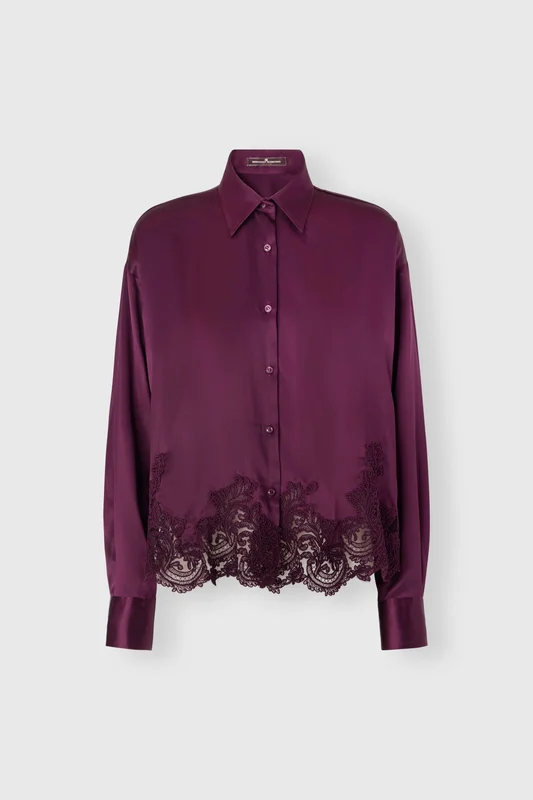 Ermanno Scervino Boxy silk satin shirt with lace hem detail