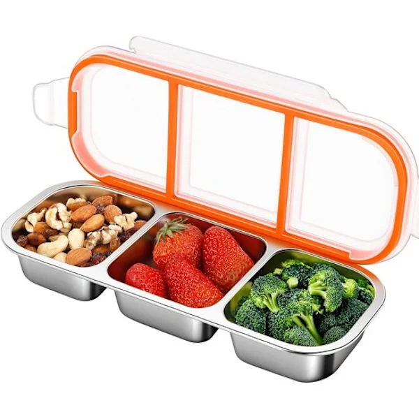 3-roms snackboks – 600 ml snacktallerken i rustfritt stål – Gjenbrukbar snackskål med lokk – Delt snackboks for barn og voksne – Skole og reise