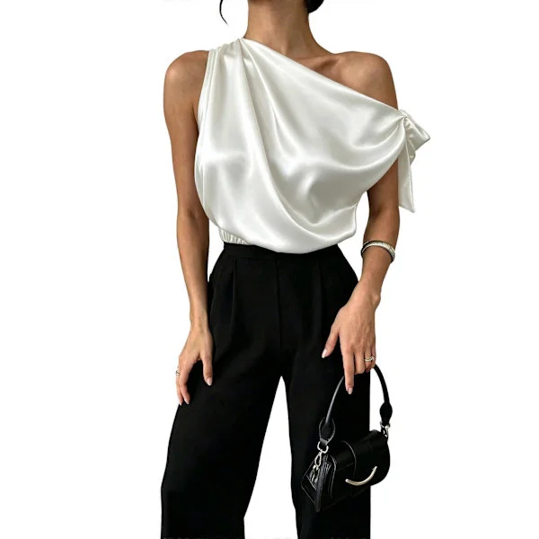 Dame Off Shoulder Topper Uformell Kortermet Asymmetrisk Hals Sateng Bluse Skjorter Hvit S