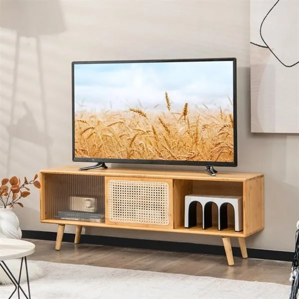 TV-benk / mediabenk / TV-benk i bambus / benk med glassdører og hyller