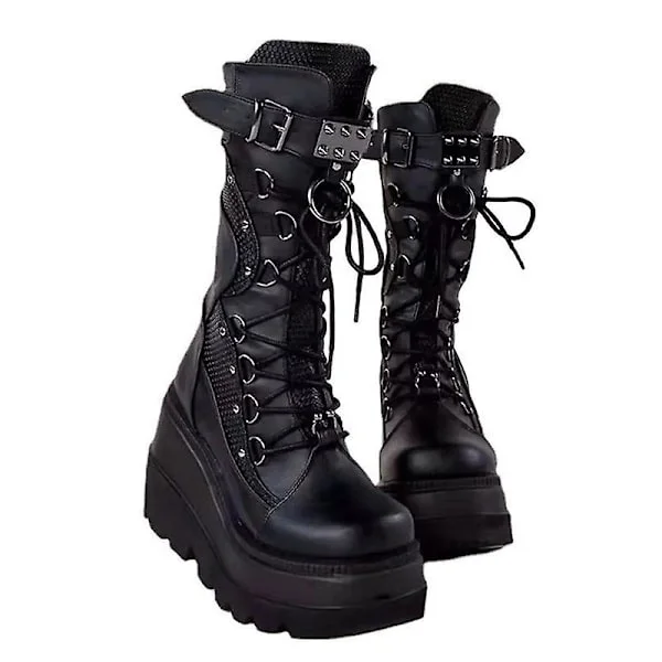 Women's Platform Boots Buckle Strap Punk Goth Boot Women Gothic Lace-up Shoes Sz Black Black【co】