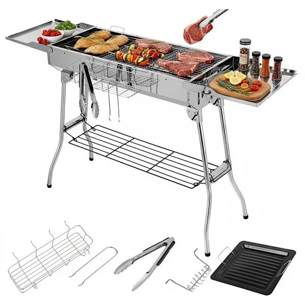Charcoal Grill Stainless Steel Portabel BBQ Grill – Campinggrill med Vikbara Sidobord, Non-stick Stekpanna och Justerbar Ventilation