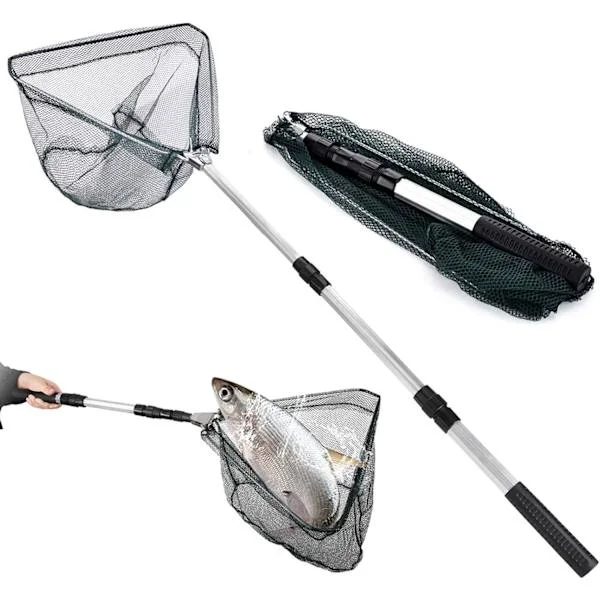 Hopfällbar gummerad fiskehåv med teleskophandtag 152cm fiskehåv kompatibel med fiske
