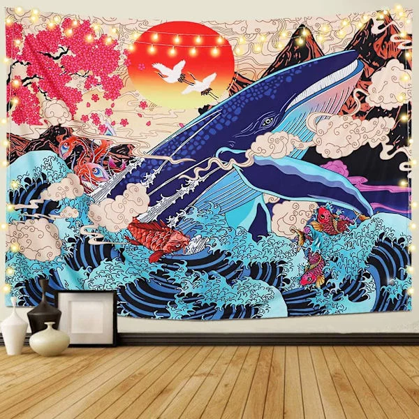 Ukiyo-e-väv Havsvåg Koi Väggbonad Stor Djur Val Solnedgång Landskap Väggbonad Sovrum Vardagsrum Väggbonad Dekoration, Val