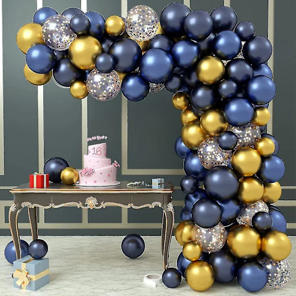 Ballonbue Kit, 100 stk Blå Ballon Girland Kit Fødselsdagsfest Dekoration, Marineblå Krom Guld & Konfetti Balloner, Fødselsdag Balloner Til Bryllup