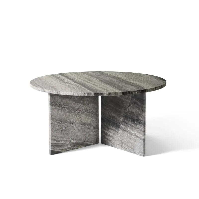Vega Marmor Sofabord, River Grey Marmor, Ø90cm - Eksklusivt og Solidt Marmorbord med Autentisk Mønster - 90x90x42cm - Sofabord