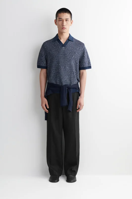 COS Men's Polo A Righe Con Lavorazione A Maglia Aperta in Blu