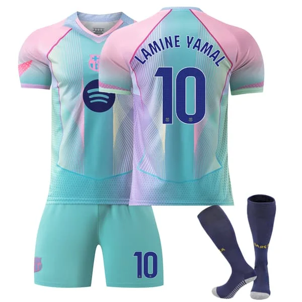 25-26 FC Barcelona Aqua Blå Specialutgave NO.10 LAMINE YAMAL Drakter Sett Barn Voksen Fotballutstyr med Sokker NO.10