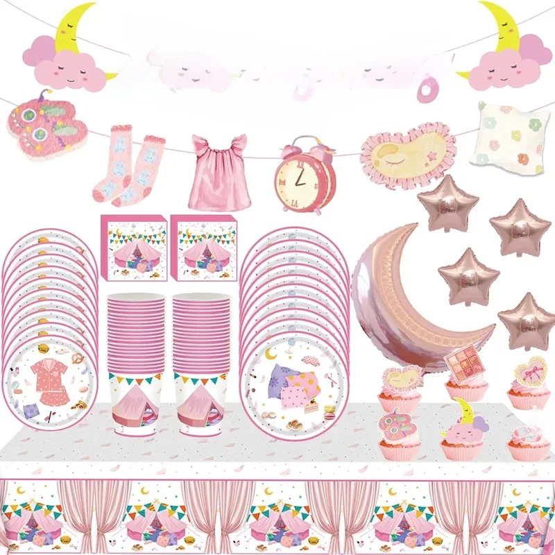AliExpress - Décor de fête de pyjama rose pour filles, assiettes en papier, serviettes, tasses, nappe, ballon pour tentes de pyjama, décoration de 
