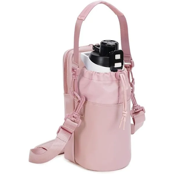 Insulated Outdoor Water Bottle Bag with Shoulder Strap and Drawstring, Pink (Water Bottle Not Included)