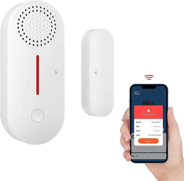 WiFi Dörr- och Fönsterlarm, 100dB Siren, Tuya App Fjärrkontroll, Tidsinställd Aktivering/Avaktivering, Justerbar Volym, Trådlöst Hemlarm