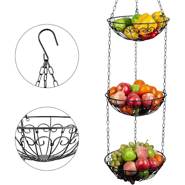 3-Tier Hanging Fruit Basket, Metal Vegetable Baskets Round Fruit Basket Storage Rack for Fruit Vegetable Bread, Black