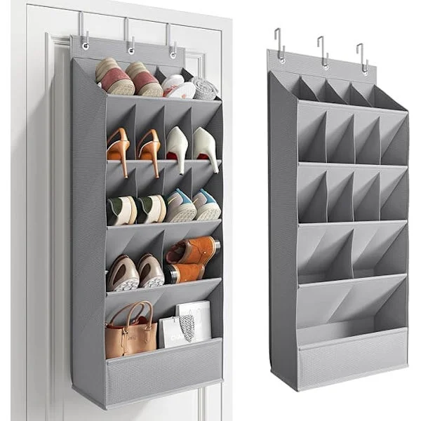 Door-Mounted Shoe Organizer - 15 Pockets for Wardrobe & Wall with 3 Hooks