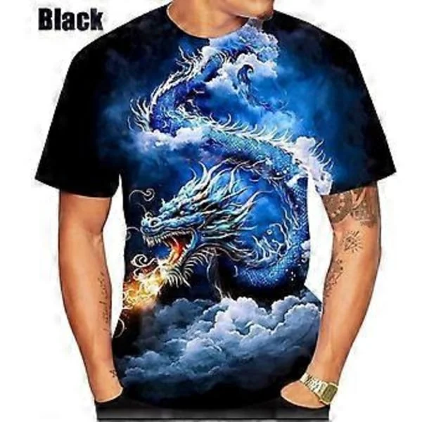Herr T-shirts med drakmönster Sommar T-shirts Herr Casual 3D-tryck T-shirt Mode O-ringning Kortärmade Toppar (M svart)