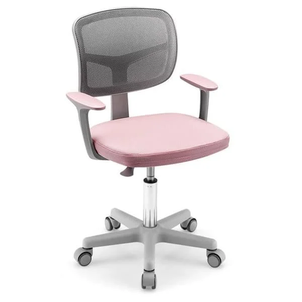 COSTWAY Kontorsstol med hjul för barn, svankstöd, vridbar sits, höjdjusterbar 80 - 91,5 CM 3 - 10 år Rosa