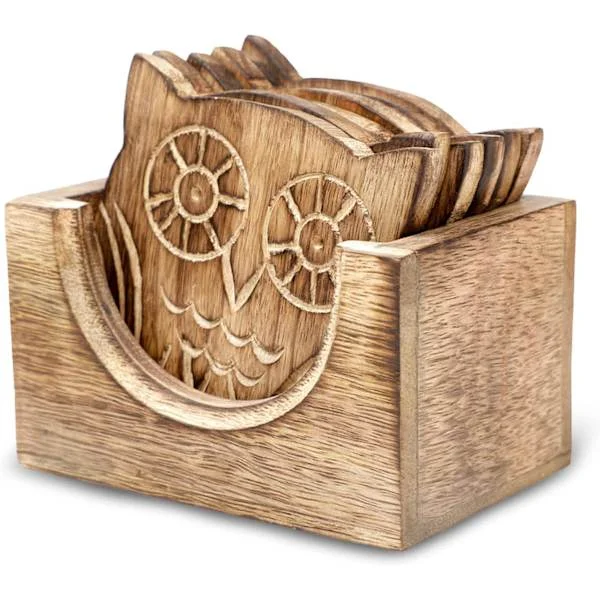 Sett med 6 drikkebrikker med holder - Håndlagde treunderlag for kaffe, te, krus, kopp, vinglass (ugledesign) Retro farge
