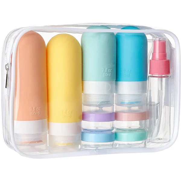 Rejseflasker med etui, rejsesæt, rejseflasker håndbagage 90 ml, 16-delt sæt, silikone rejseflasker, genopfyldelige rejseflasker, shampoo