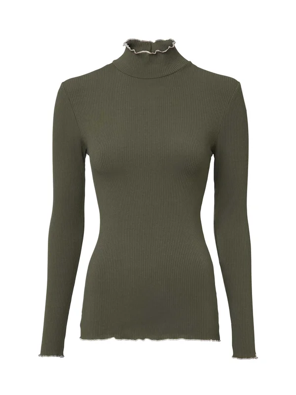 Chevalier Kelly Longsleeve Top, Damen - Bio-Baumwolle, Elasthan-Dekorative feminine Kräuselung-Gerippt gestrickt, hoher Kragen