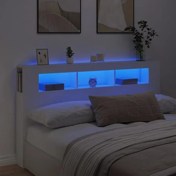 vidaXL LED-sänggavel, panel med förvaring, sängtillbehör, sänggavel för sovrum, vit 180x18,5x103,5 cm 837358