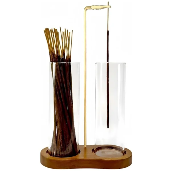 2-i-1 Mørk Brun Røkelsesholder med Glass Askeoppsamler - Vendbar Design med Innebygd Oppbevaring for Røkelsespinner, for Meditasjon Yoga Zen Rom