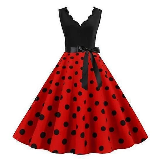 【BEMS】Dam Midi Klänning V-ringad Hög Midja Snörning Figurnära Klänning Blommig Rosett Dekor Ärmlös A-linje Lös Hem Prickigt Mönster Retro 50-tal Röd
